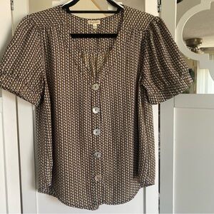 Lily White Brown and White Flutter Sleeve Button Down Top